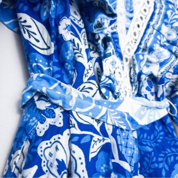 Farm Rio Full of Flowers Linen Ruffle Jumpsuit S Floral Lace Belted Vneck - Picture 10 of 13